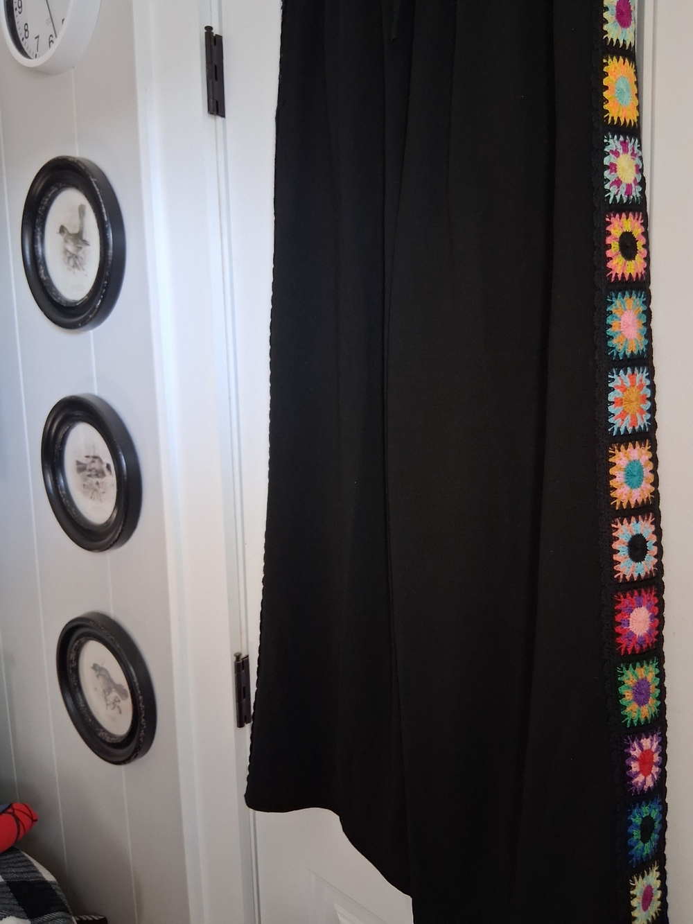 Black Women's Pants Elastic Waist with Colorful Crochet Trim